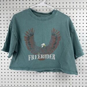 Cotton On Freerider Eagle‎ Graphic Chop Tee XS Washed Teal Crop Vintage Style